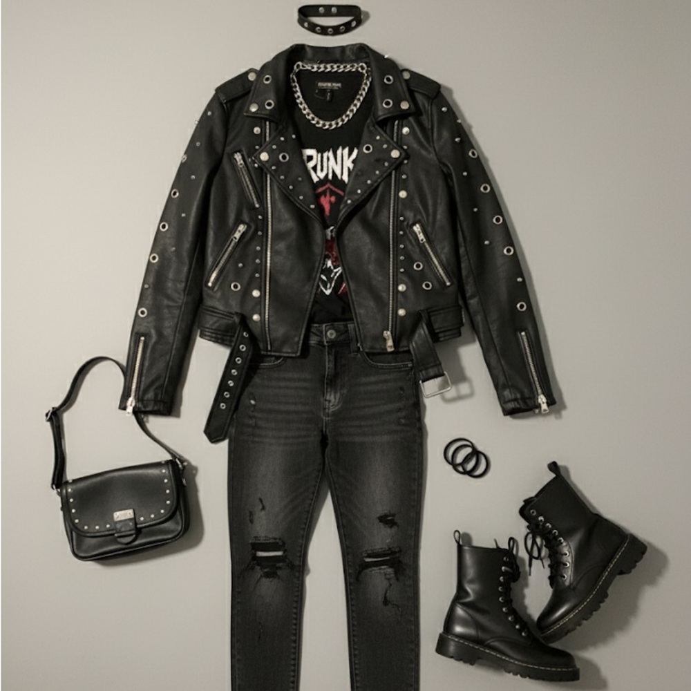 Fashion Nova Studded & Grommet Faux Leather Moto Jacket - Black - Size S